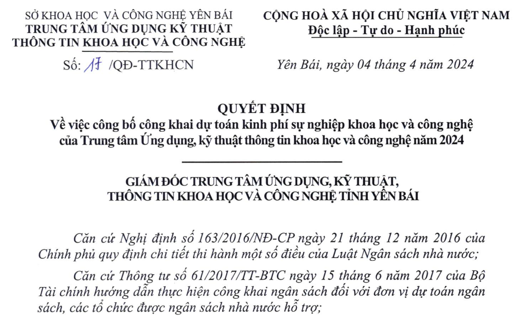 QĐ 017/QĐ-TTKHCN Về việc công bố công khai dự toán kinh phí sự nghiệp khoa học và công nghệ Trung tâm Ứng dụng, kỹ thuật, thông tin khoa học và công nghệ năm 2024